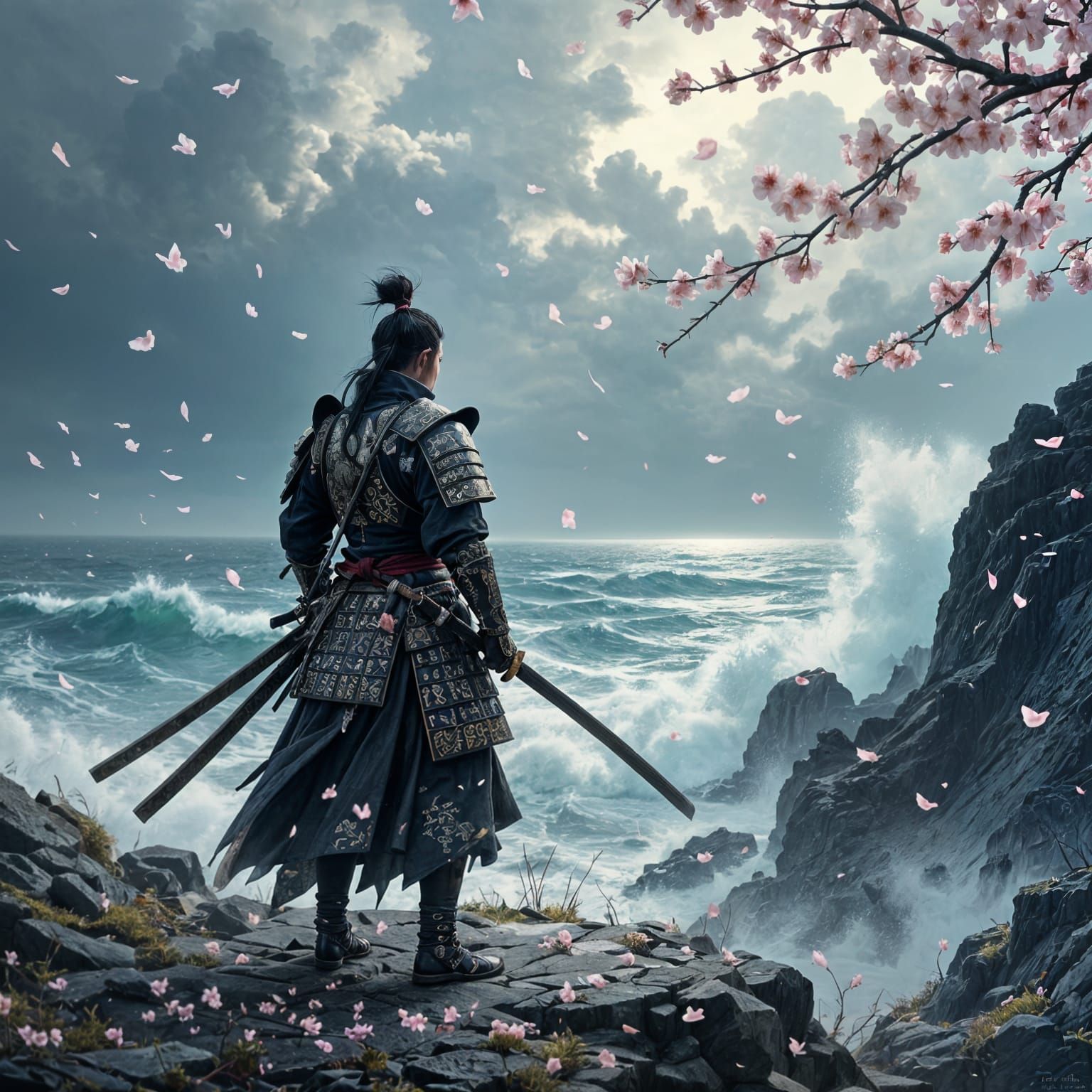 Samurai on Cliffside in Stormy Weather