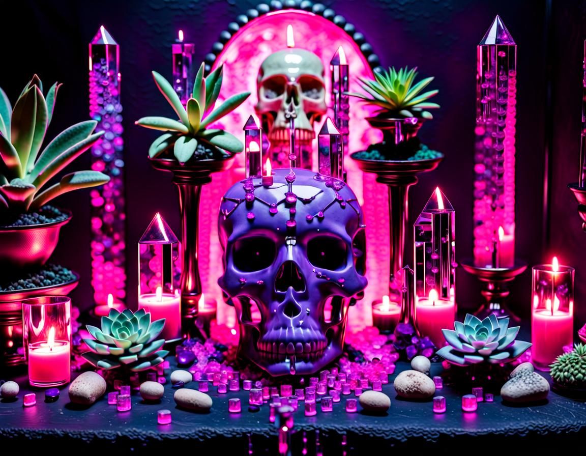 Neon Skull Goddess Altar with Crystals and Runes