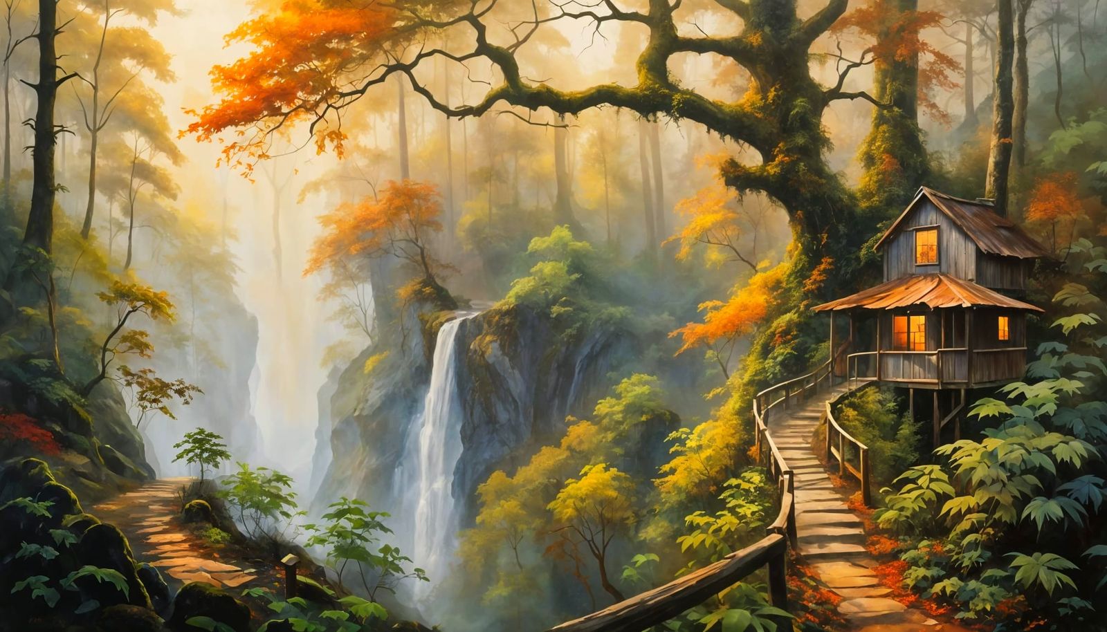 Ethereal Rainforest Treehouse with Waterfall in Autumn