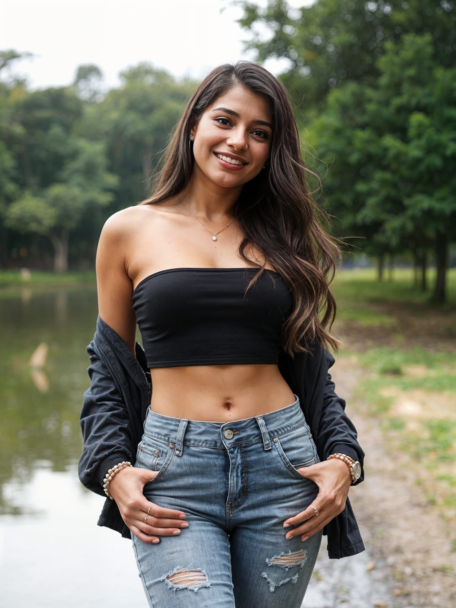 Young Woman in a Chic Outfit with a Playful Pose