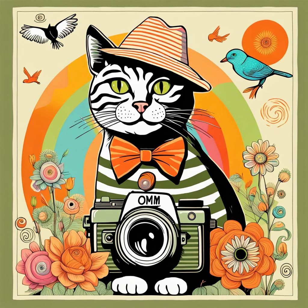 Dreamlike Cat Floating on Flower in Flamboyant Colors