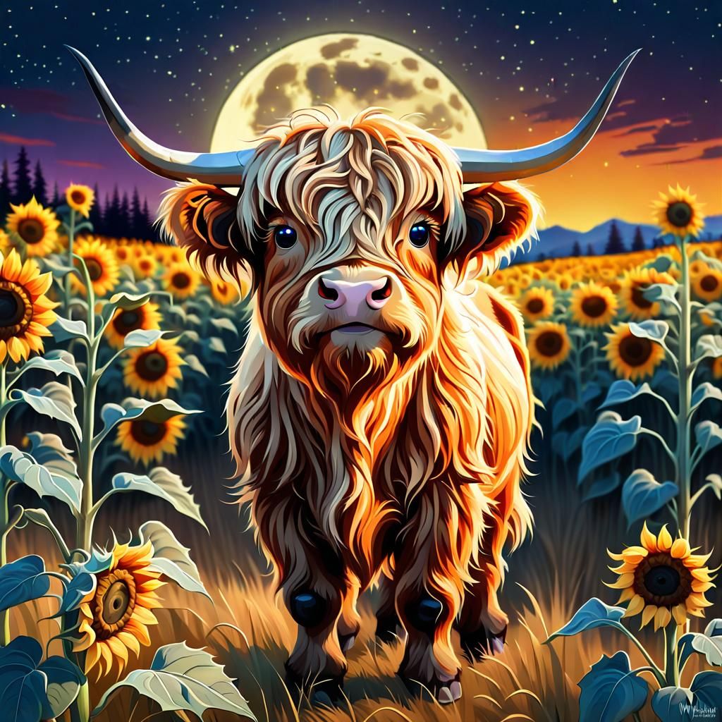 Cute Highland Cow in Surreal Moonlit Landscape