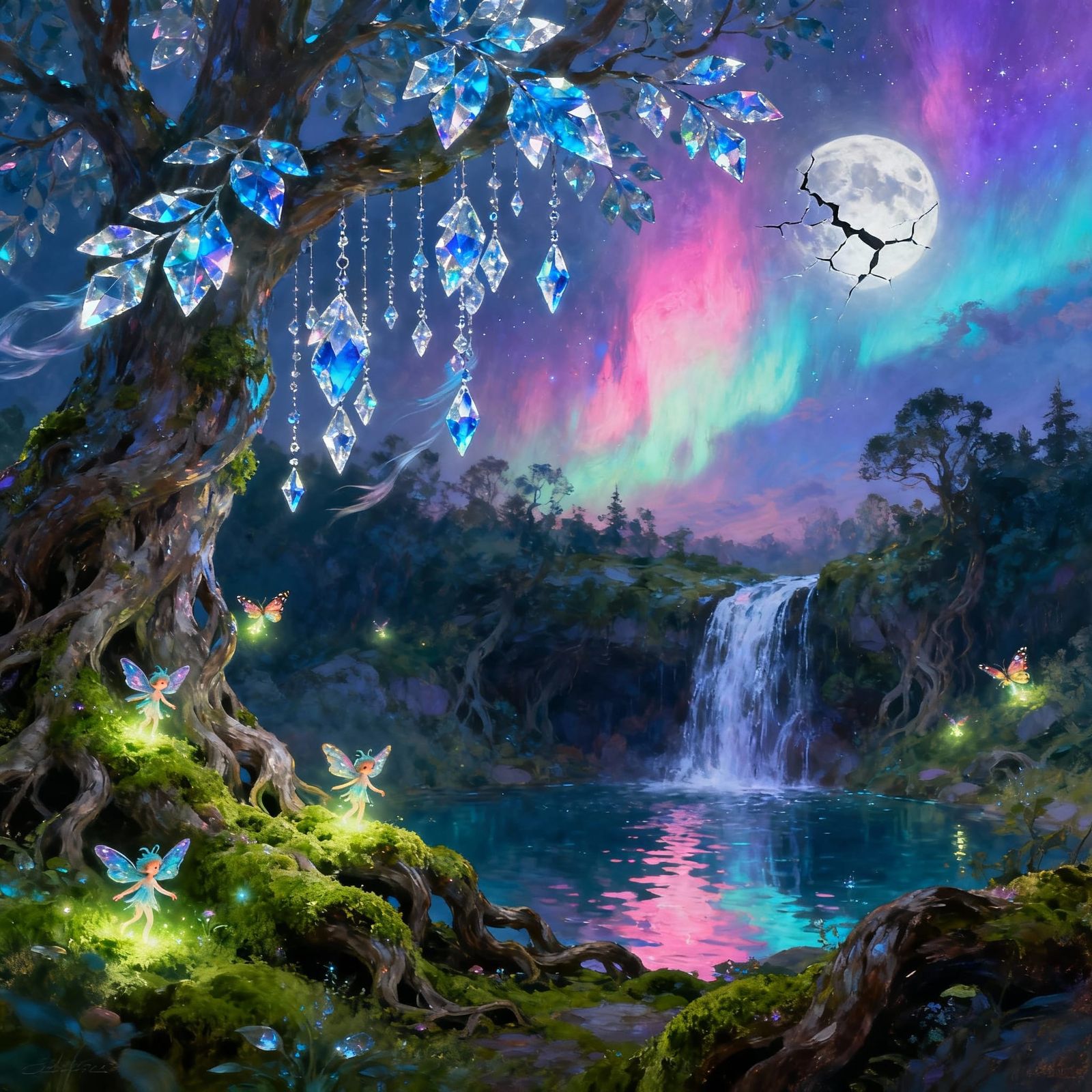 Enchanted Forest with Crystalline Leaves and Sprites