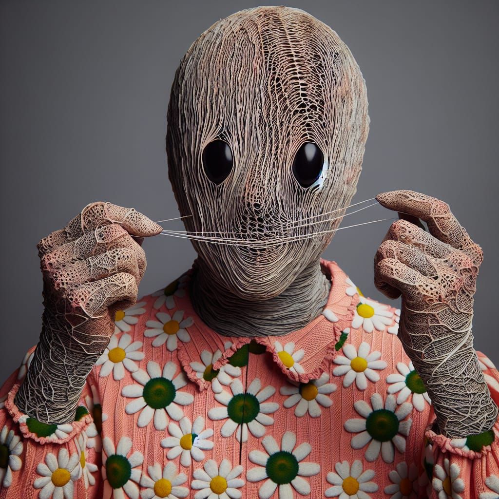 Eerie Figure Pulling Threads From Obscured Face