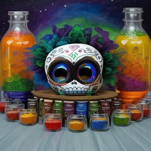 Imagine a creature from Gothic literature with a face painted like a Day of the Dead sugar skull, featuring googly eyes....