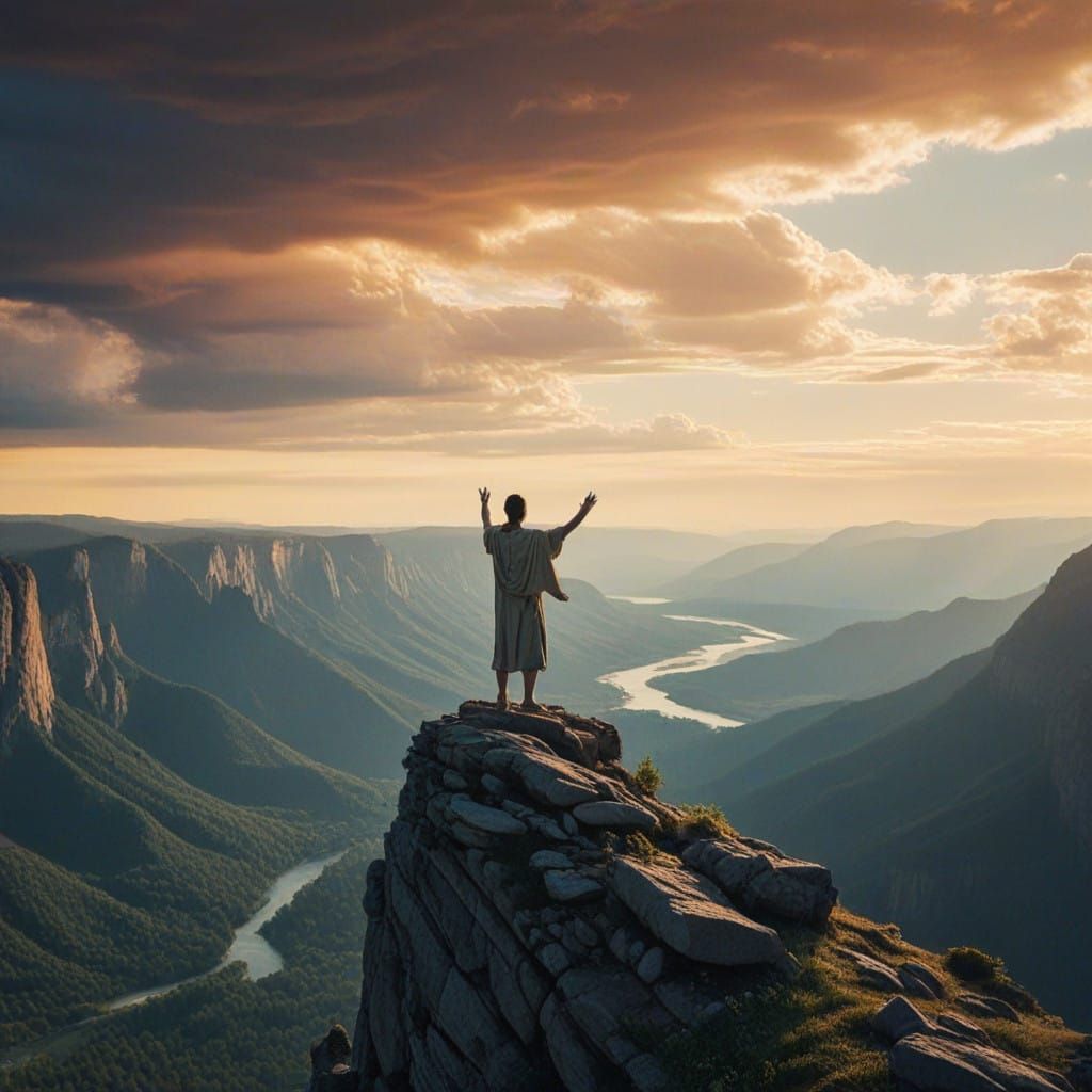 Triumphant Figure Embracing Divine Strength at Sunrise