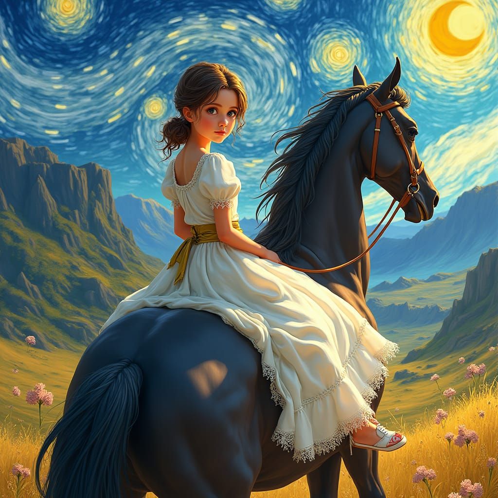 Girl on Horse in Van Gogh Style Landscape