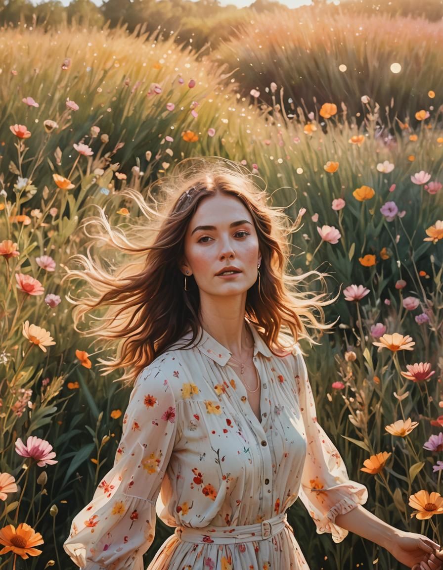 Dreamlike Portrait of Girl in Flower Field
