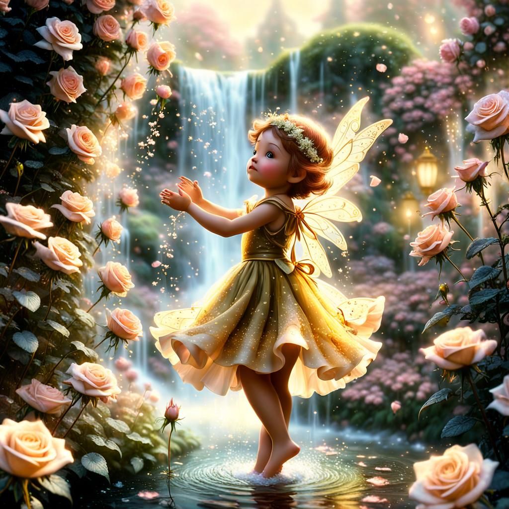 Fairies Dancing in Rose Garden Waterfall: Kinkade Style