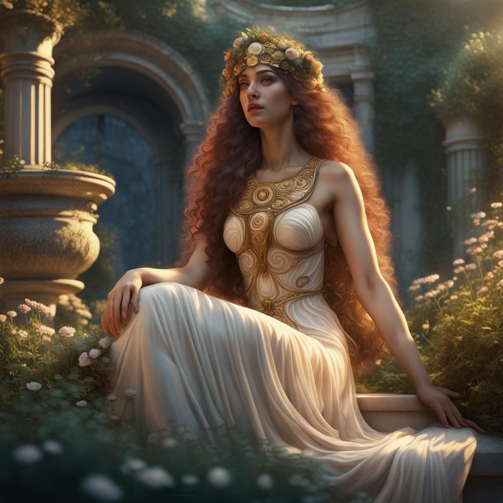 Athena in Garden: Klimt-Style Morning Light