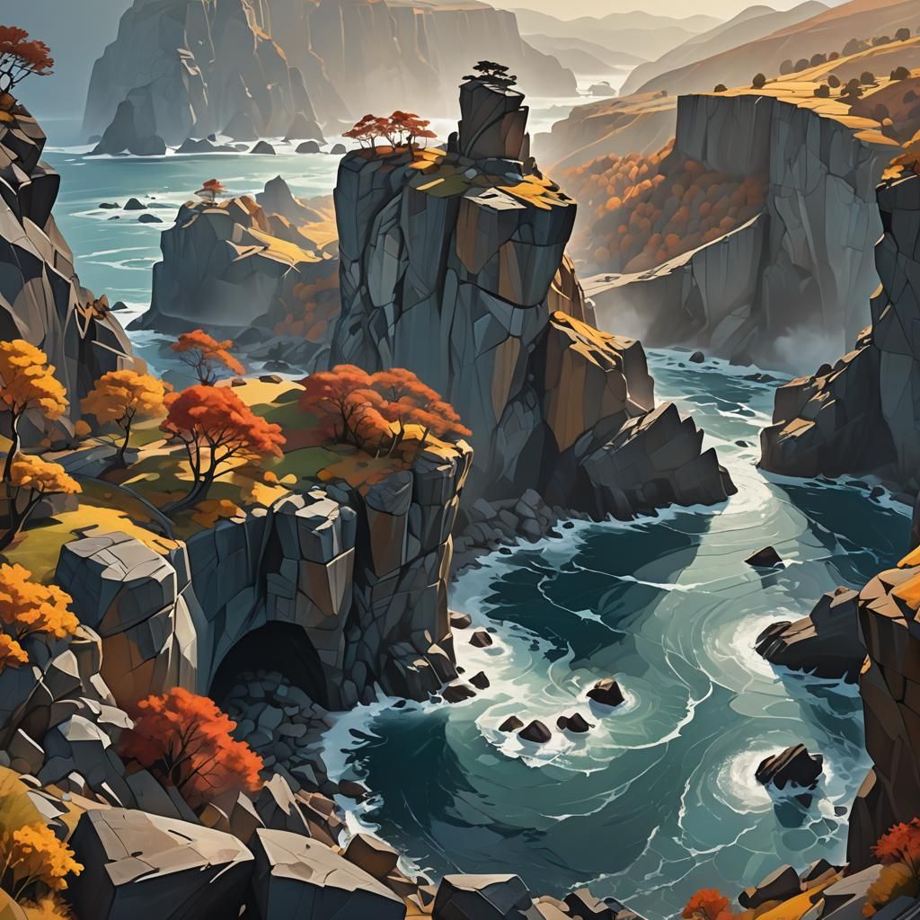 Cubist Cliffside Panorama with Autumnal Colors