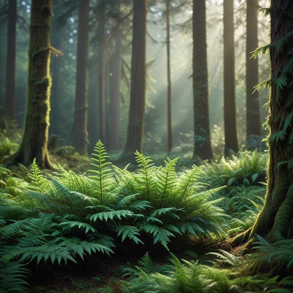 Sylvan Conifers Bask in Dappled Fern Canopy