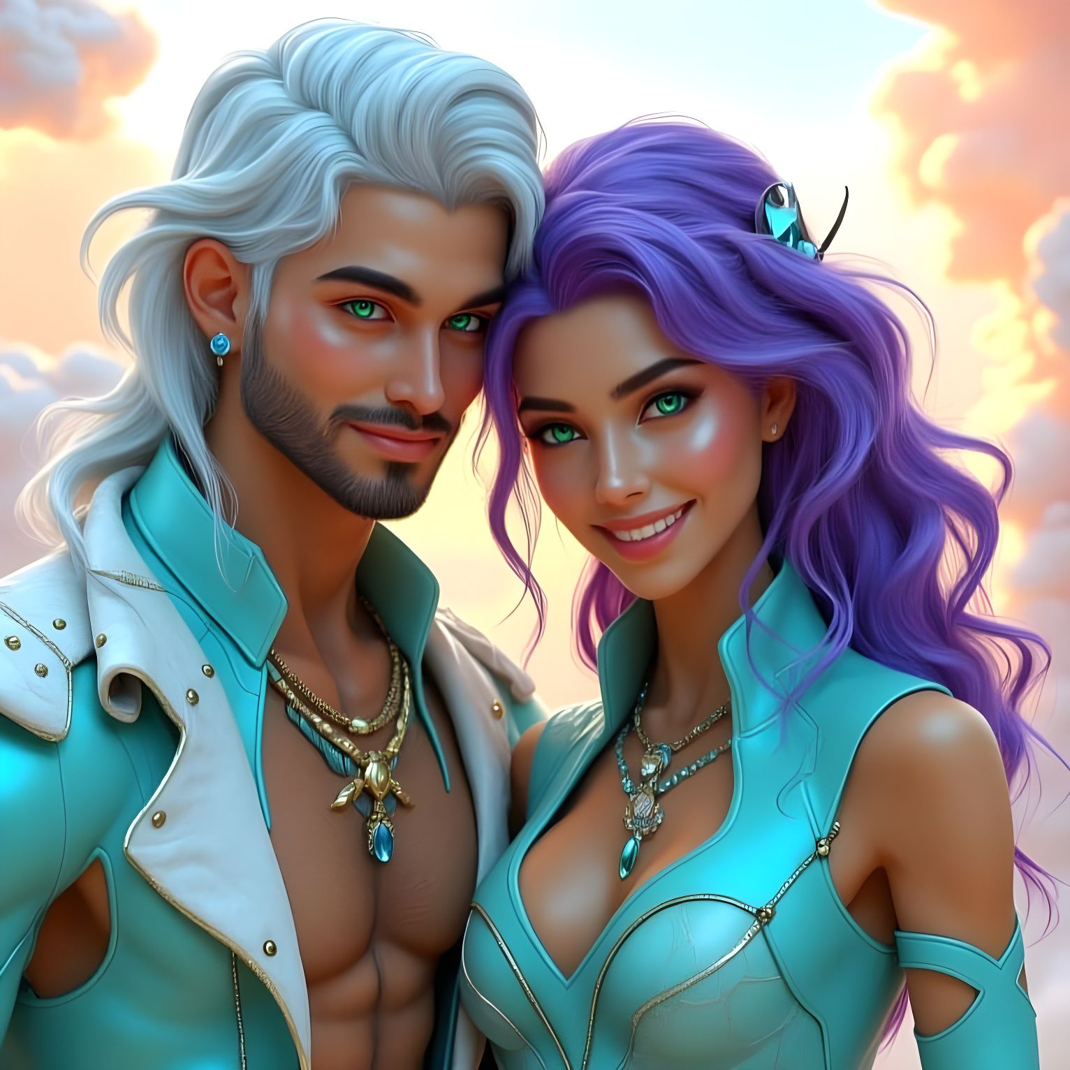 Ethereal Futuristic Couple in Harmony with Celestial Beauty