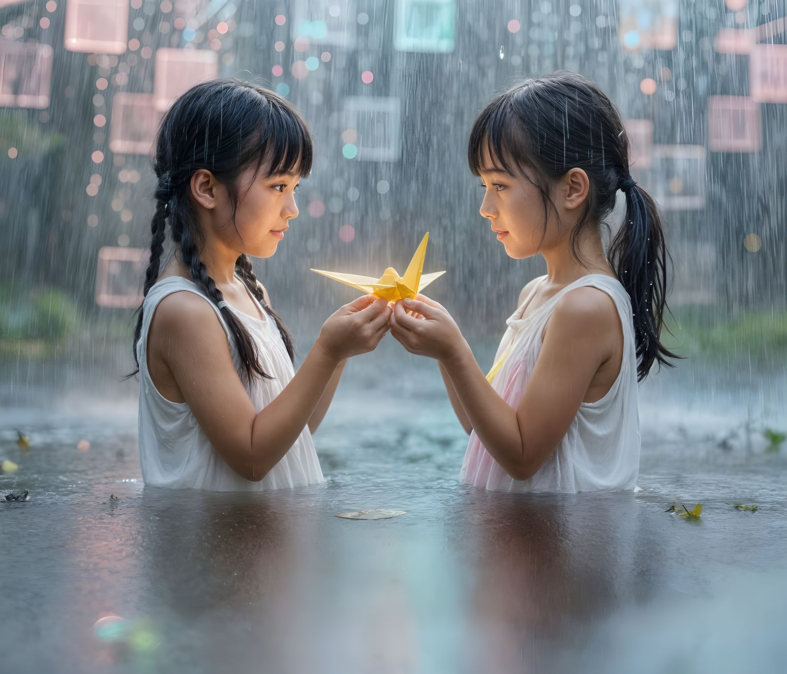 Surreal Photo: Girls Share Glowing Crane in Iridescent Rain