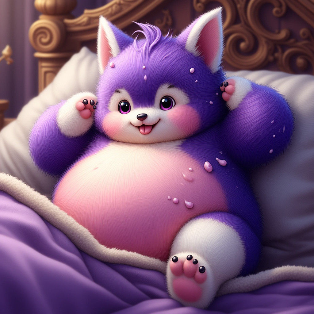 Chubby Purple Creature Lounging in Fantasy Bed