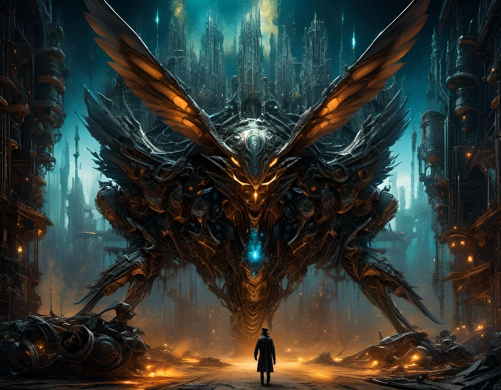 Gothic Cyborg Angel in Wasteland, Digital Watercolor