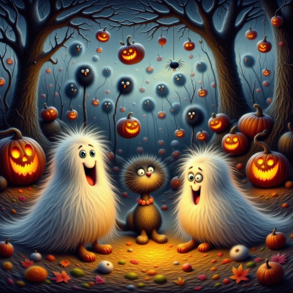 Enchanted Autumn Reunion: Ghosts, Bird, and Cat