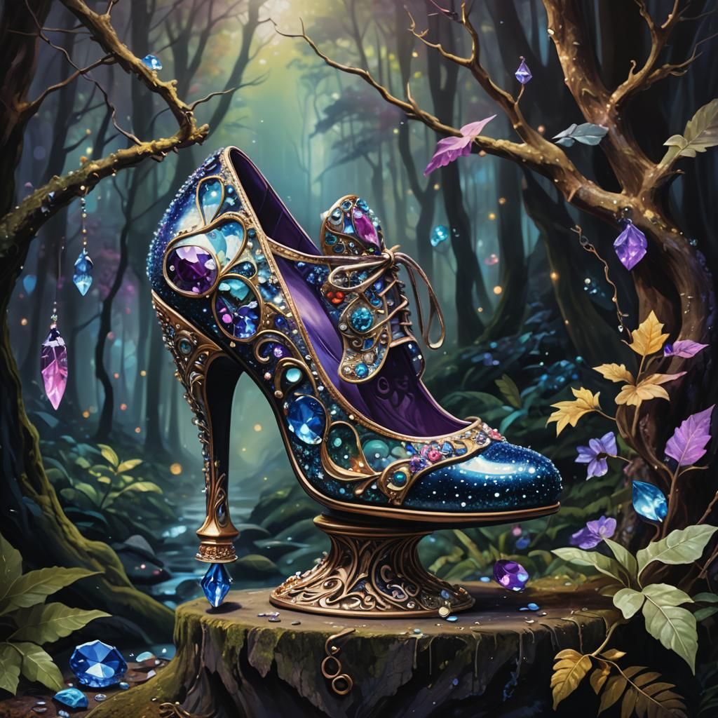 Jeweled Shoe in Mystical Forest: Oil Painting