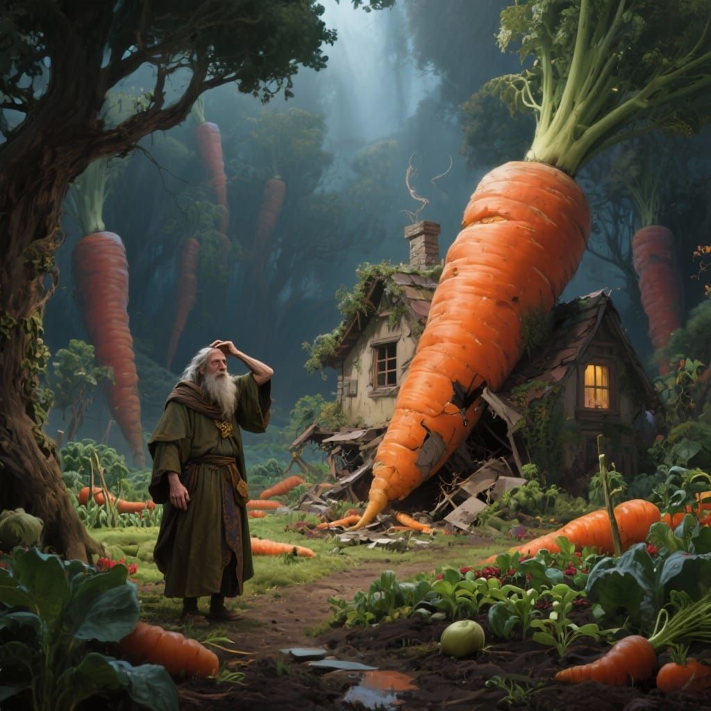 Druid Confused by Giant Carrots Crushing Home