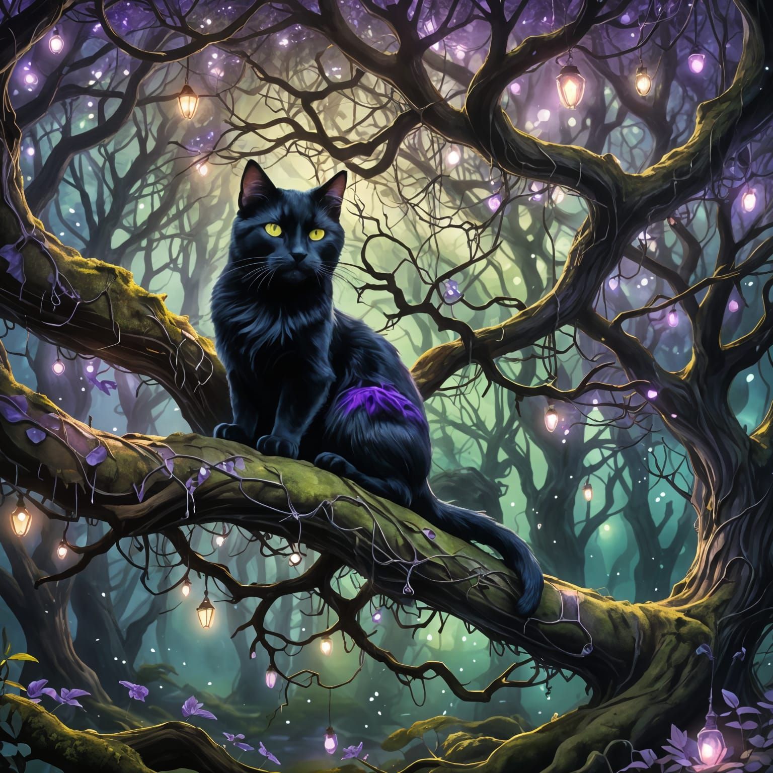 Black Cat Napping by Gnarled Tree in Fairy Forest