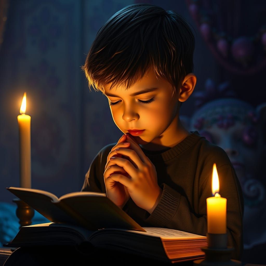 Young Boy Prays to God Under Candlelight