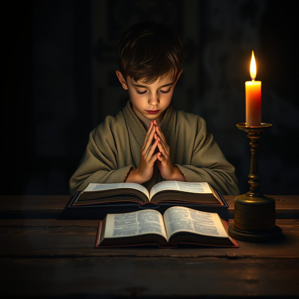 A Boy Seeking Solace in Prayer Under Candlelight