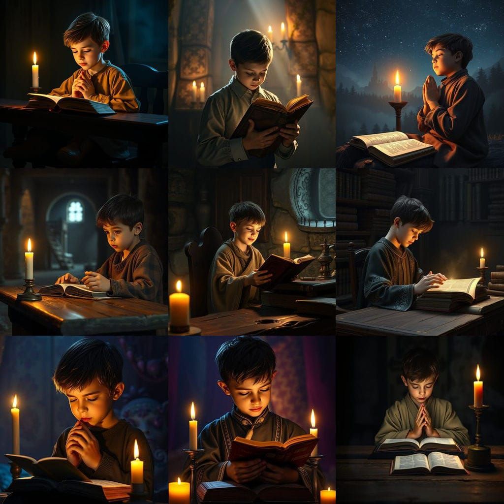 Boy Praying Under Candlelight in a Fantastical Night Scene