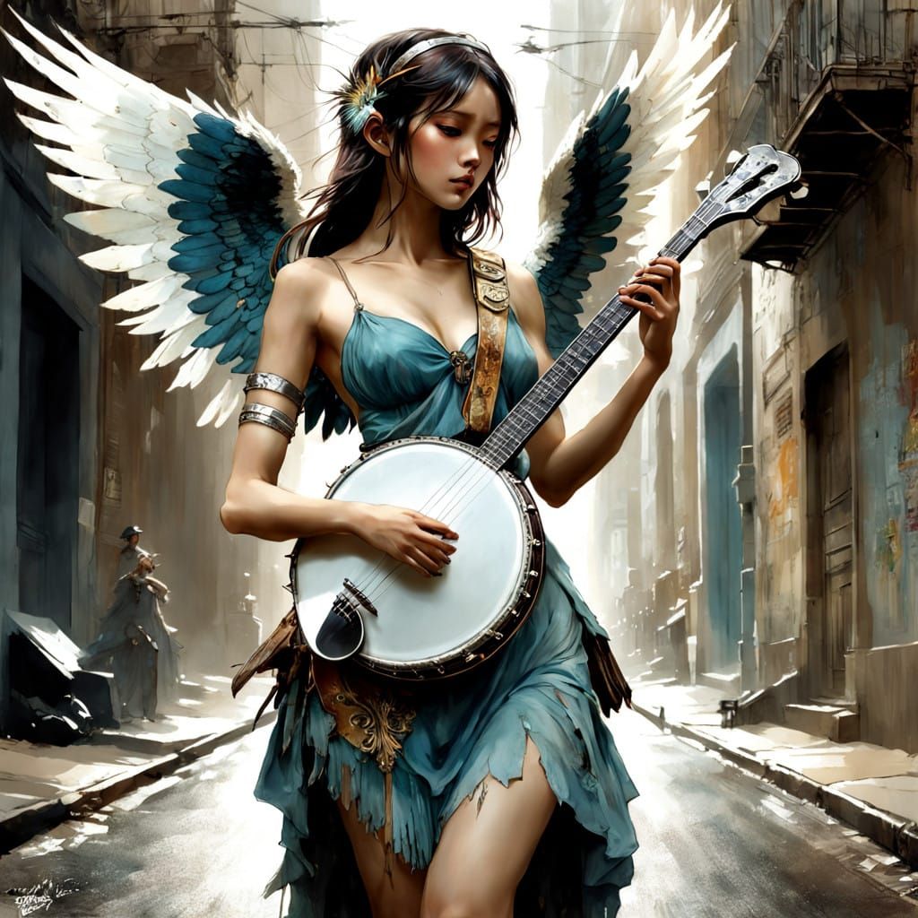 Moody Banjo Angel in Cinematic Lighting