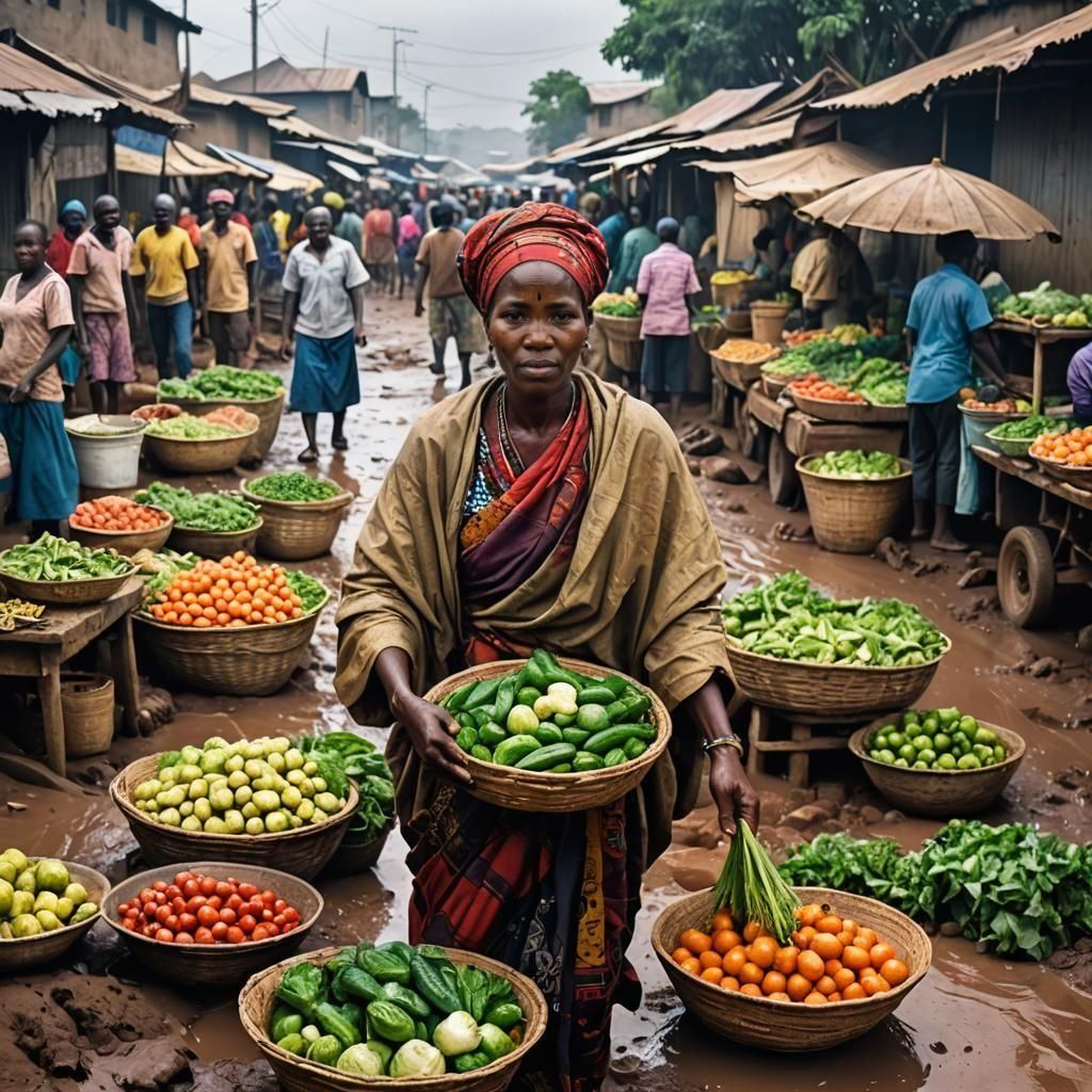 African Woman Selling Vegetables at Market Stall