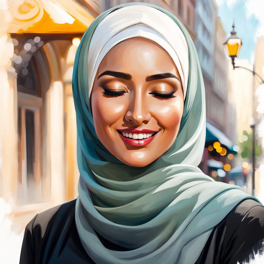 Elegant Smiling Woman in Hijab Oil Painting