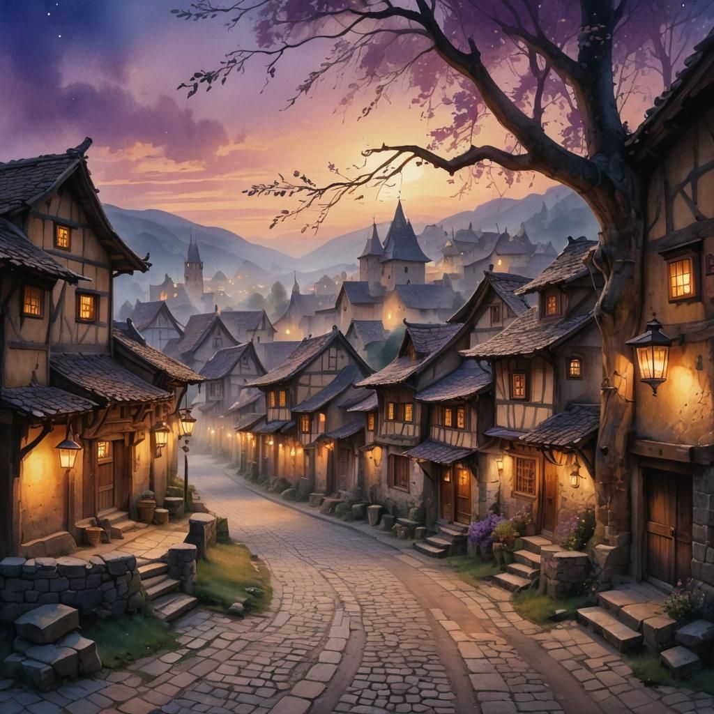 Rustic Village Street at Sundown: Matte Painting