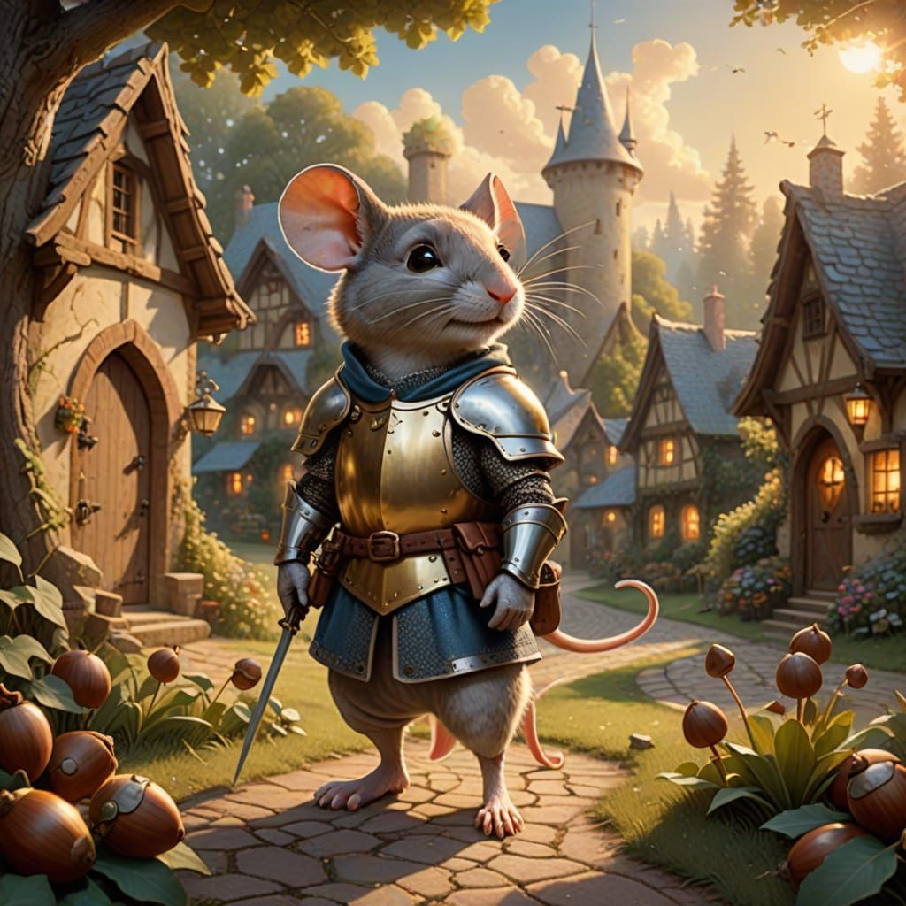 Whimsical Mouse Knight in Sunlit Village