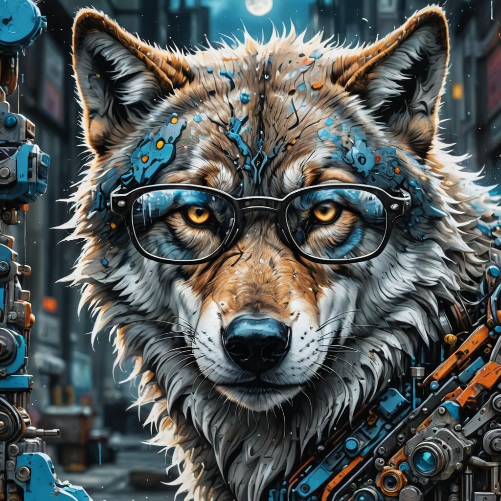 Wolf with Glasses Under Blue Moon: Graffiti Art