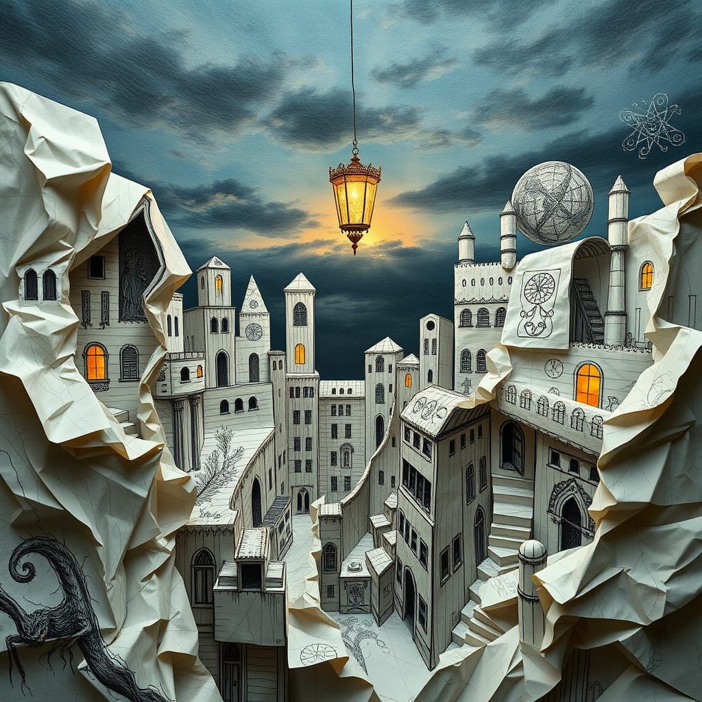Dreamlike Cityscape of Twisted Notebook Paper Buildings