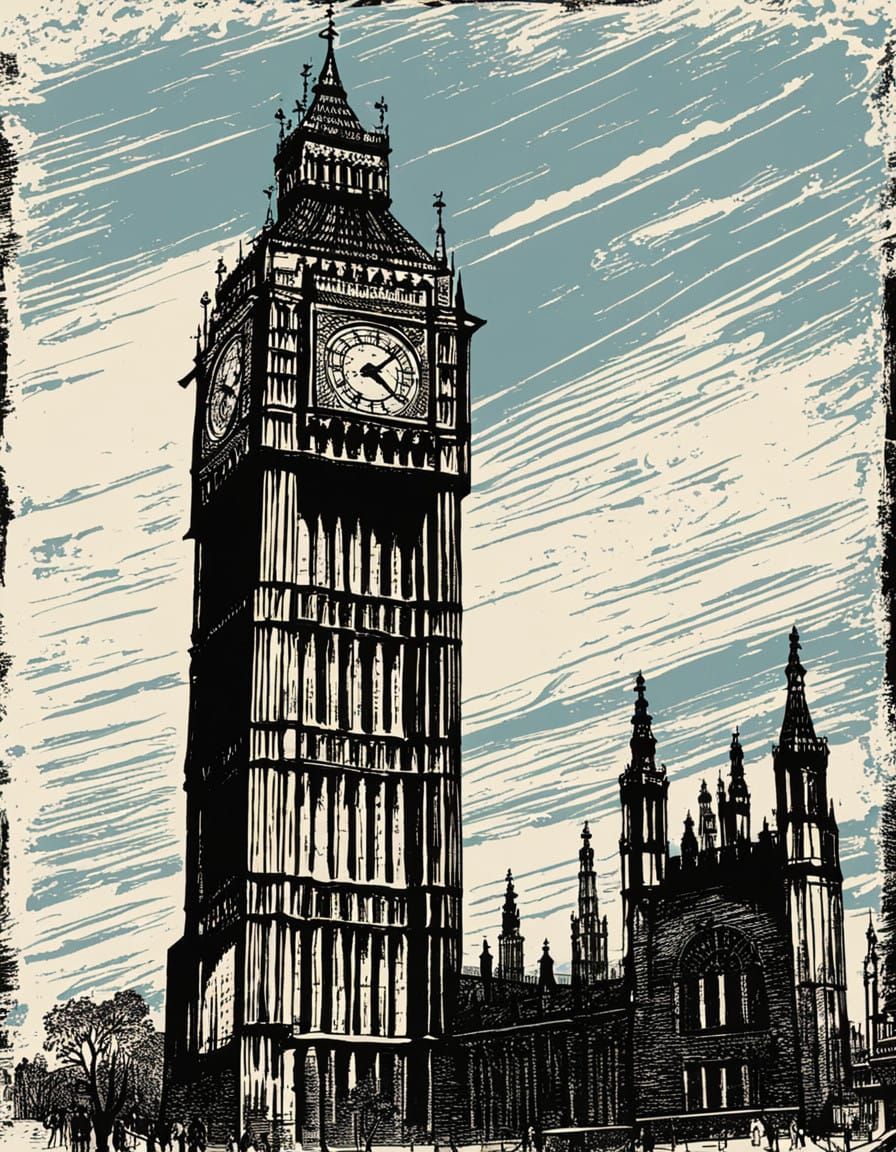 London Landmark in Woodcut Art