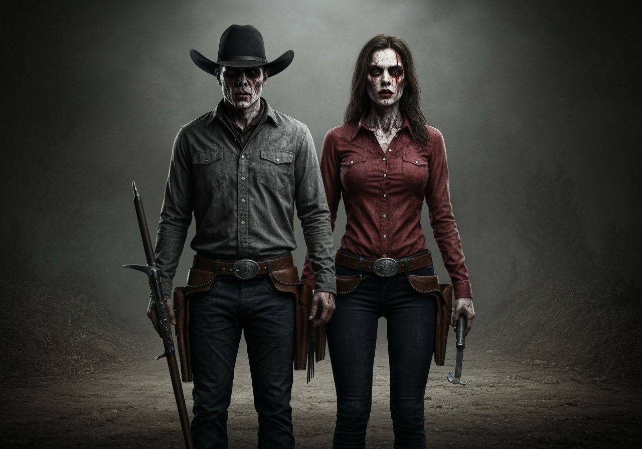 Badass Cowboy and Cowgirl in Dark Horror Scene