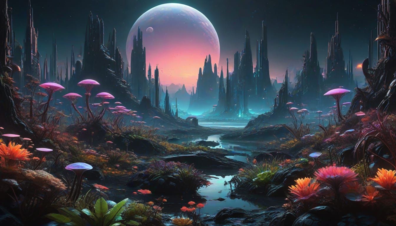 Cyberpunk Alien Cityscape in Vibrant Bioluminescent Hues