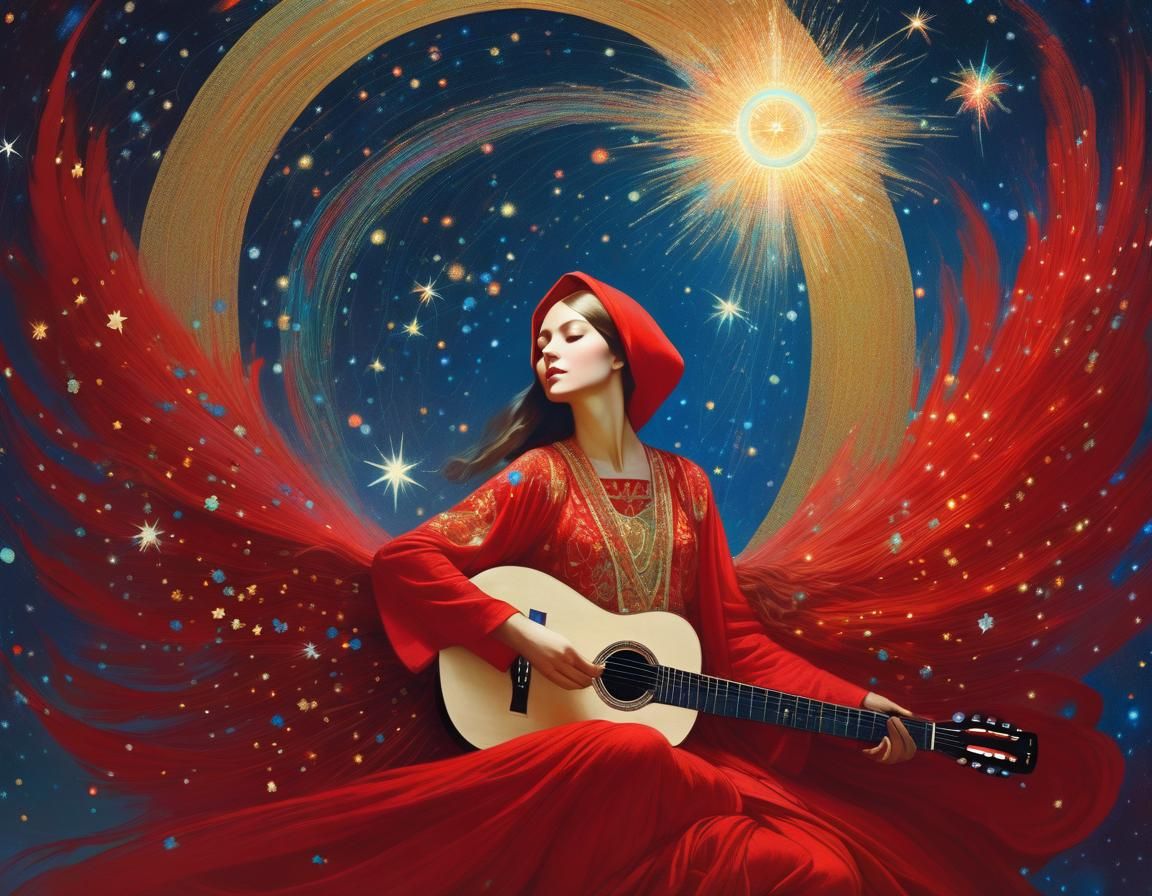 Celestial Saint Plays Guitar Under Starry Sky