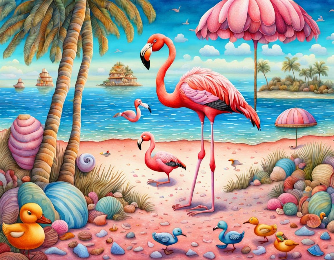 Vibrant Pink Flamingo on a Tropical Beach