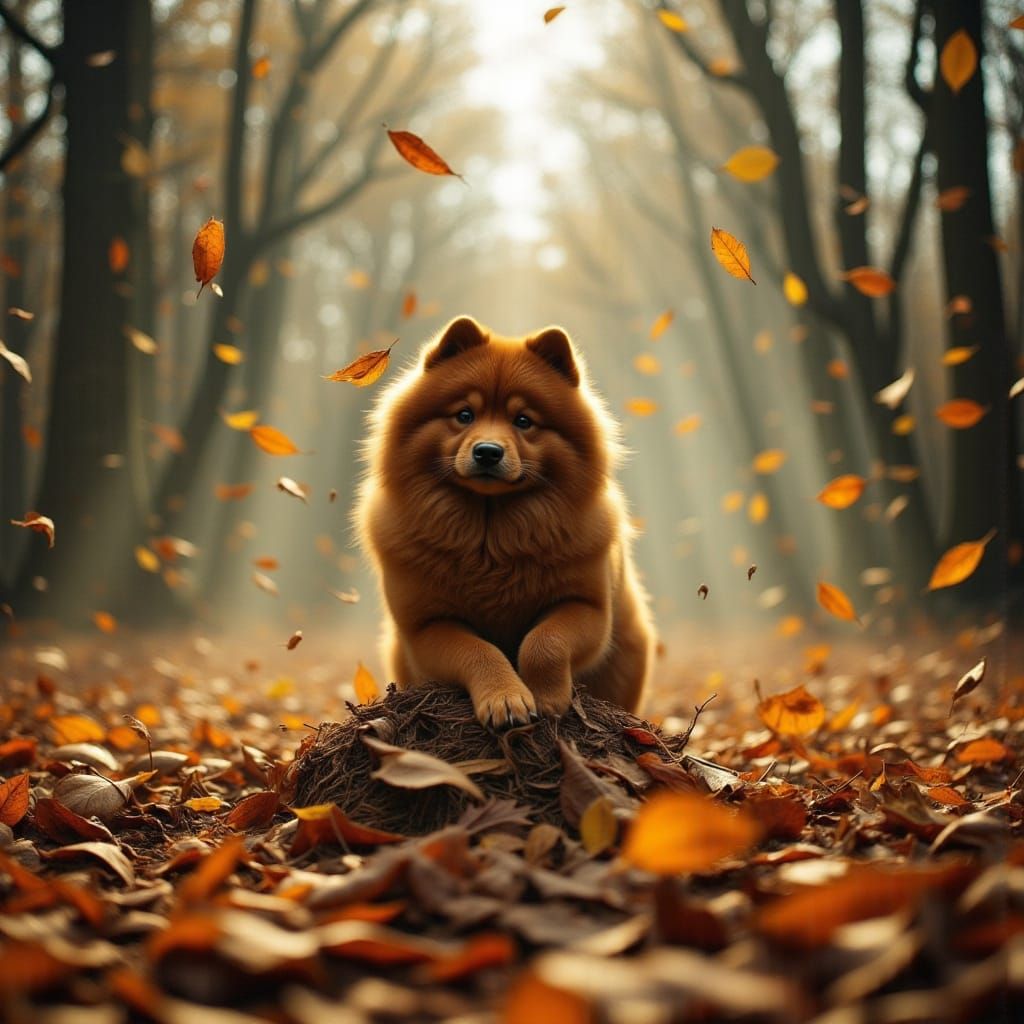 Surreal Chow Chow Chases Leaves in a Whimsical Autumn Scene