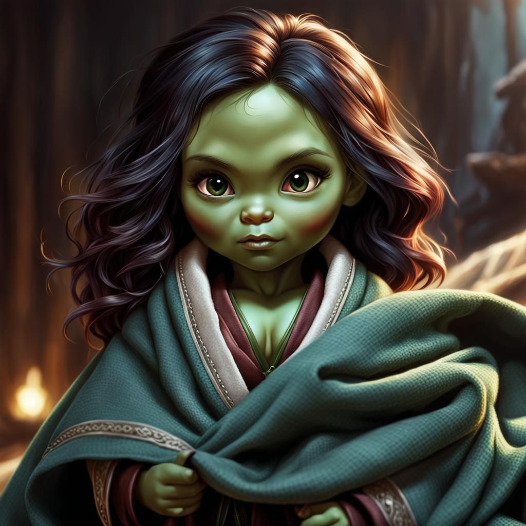 Adorable Baby Gamora Portrait in Expressive Style