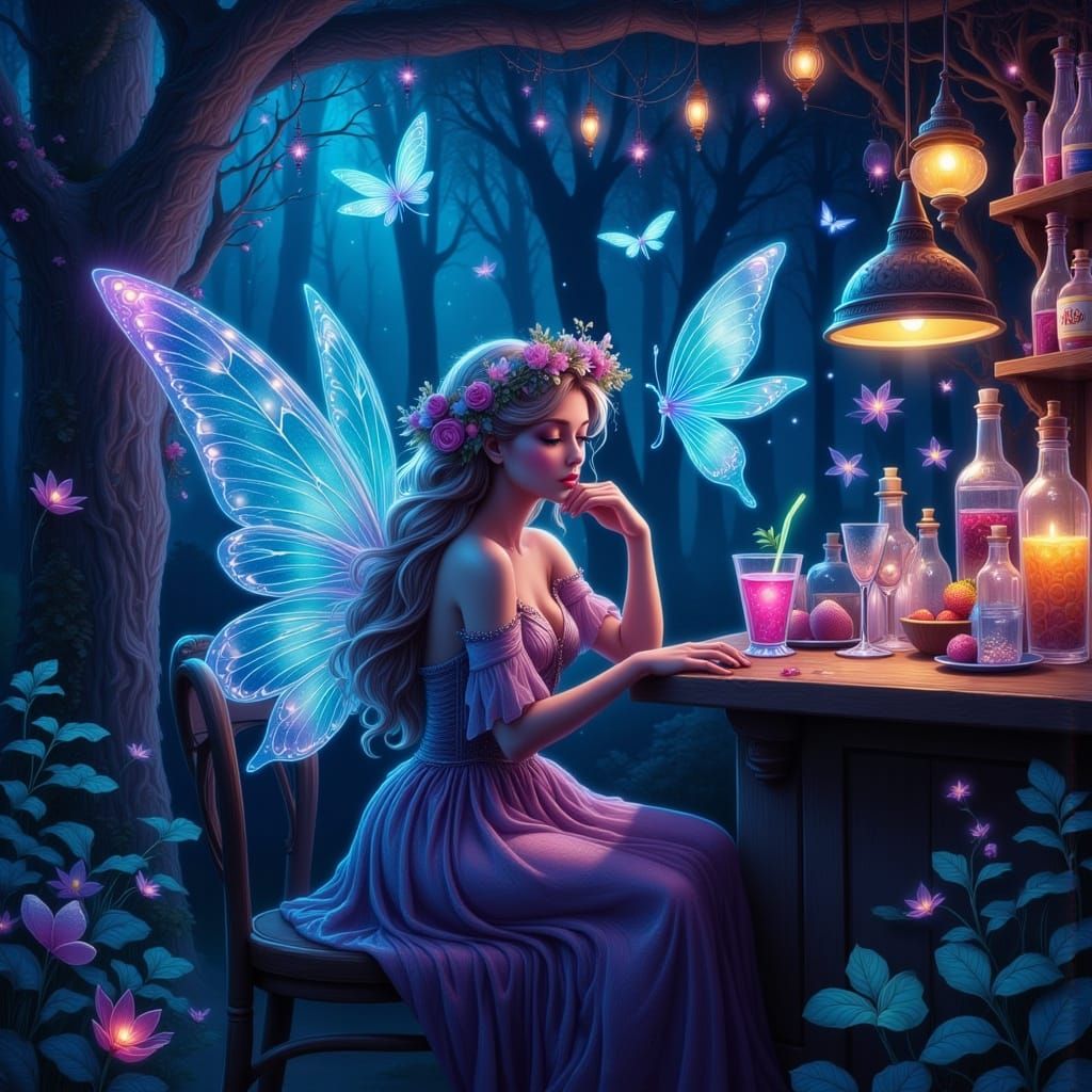 Fairy Woman Drinks Juice at Bar in Ethereal Watercolor Style