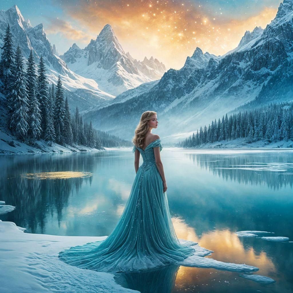 Aquamarine Princess on Frozen Lake: Watercolor Painting