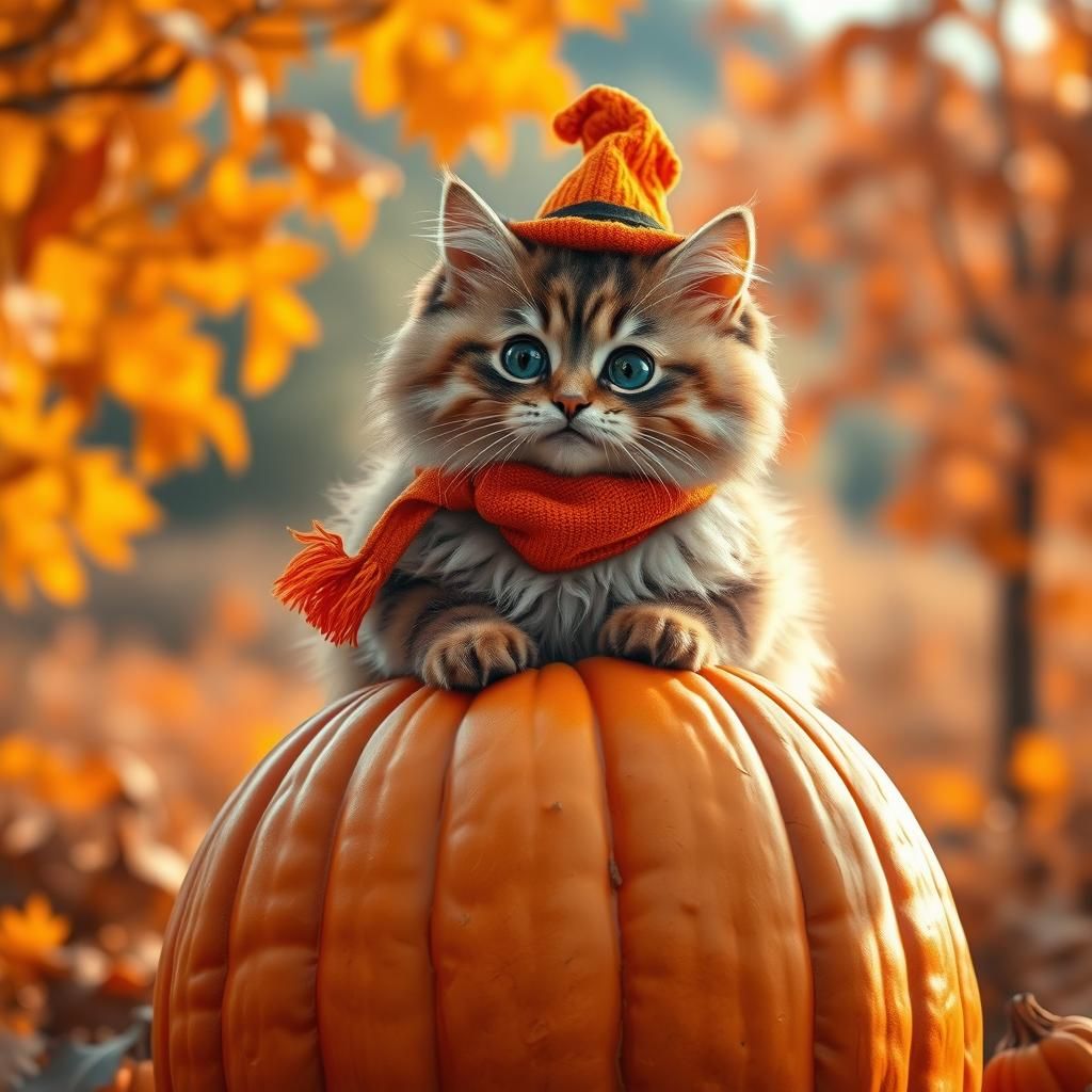 Cat in Halloween Hat Autumn Landscape