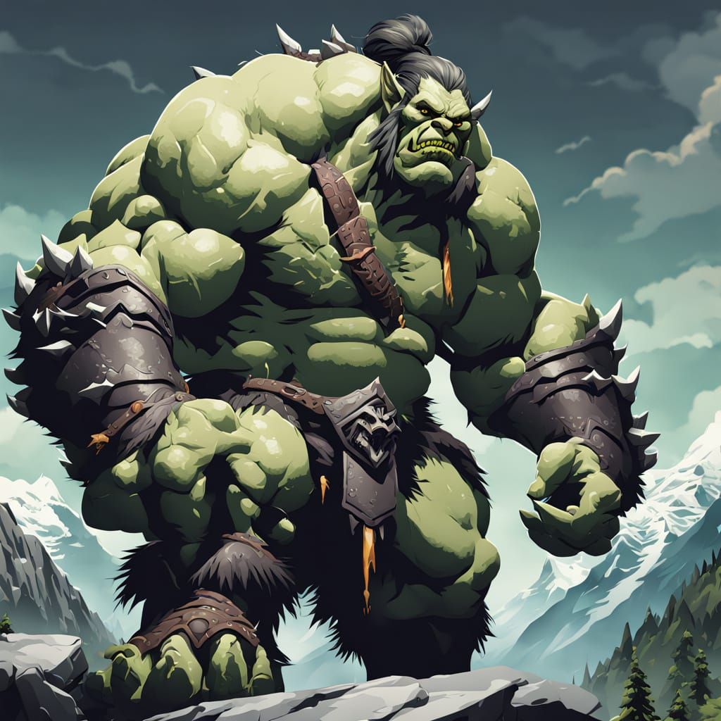 Gigantic Anime-Style Orc in a Fantasy Landscape