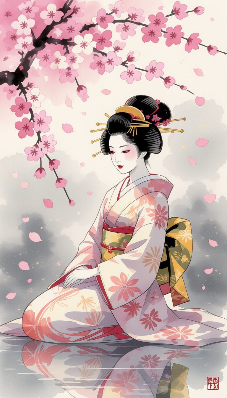 Geisha Under Sakura in Japanese Watercolor Style
