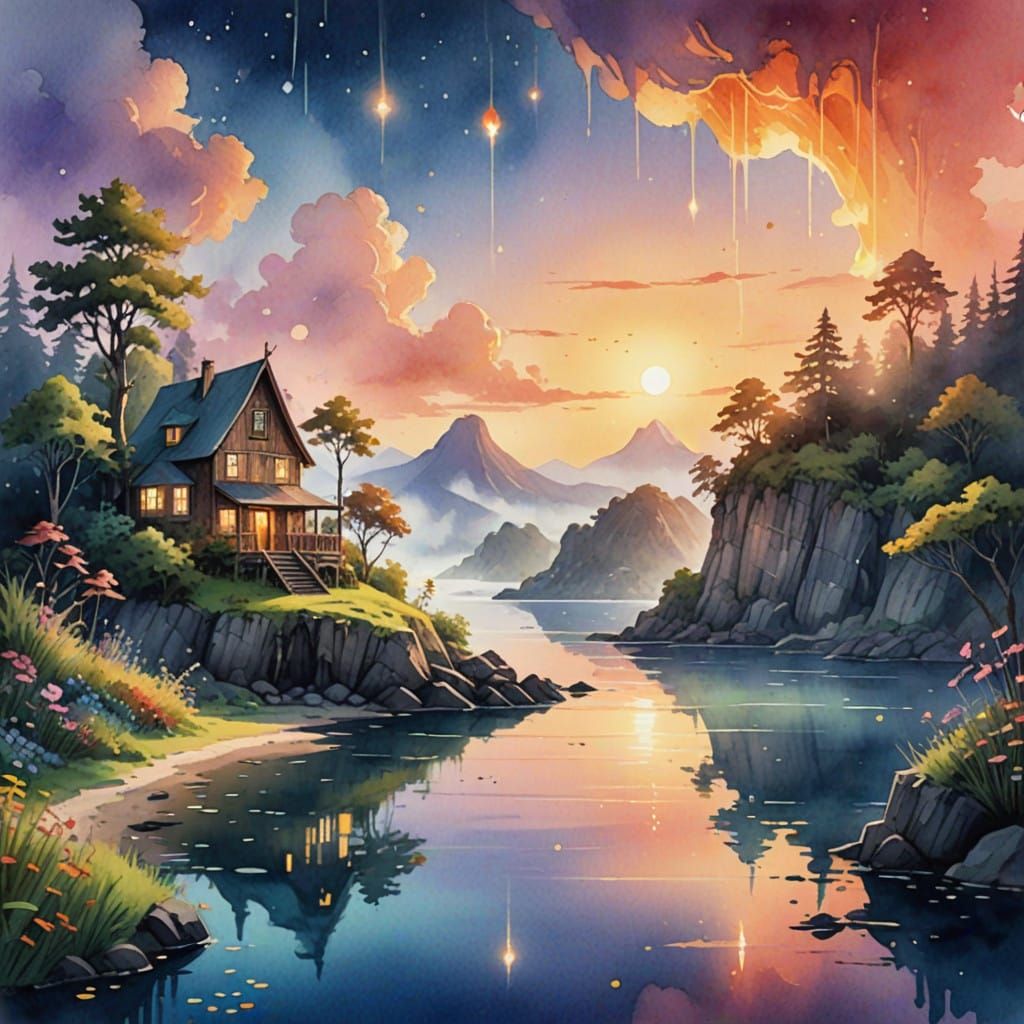 Dreamlike Floating Islands at Sunset in Ethereal Watercolor...