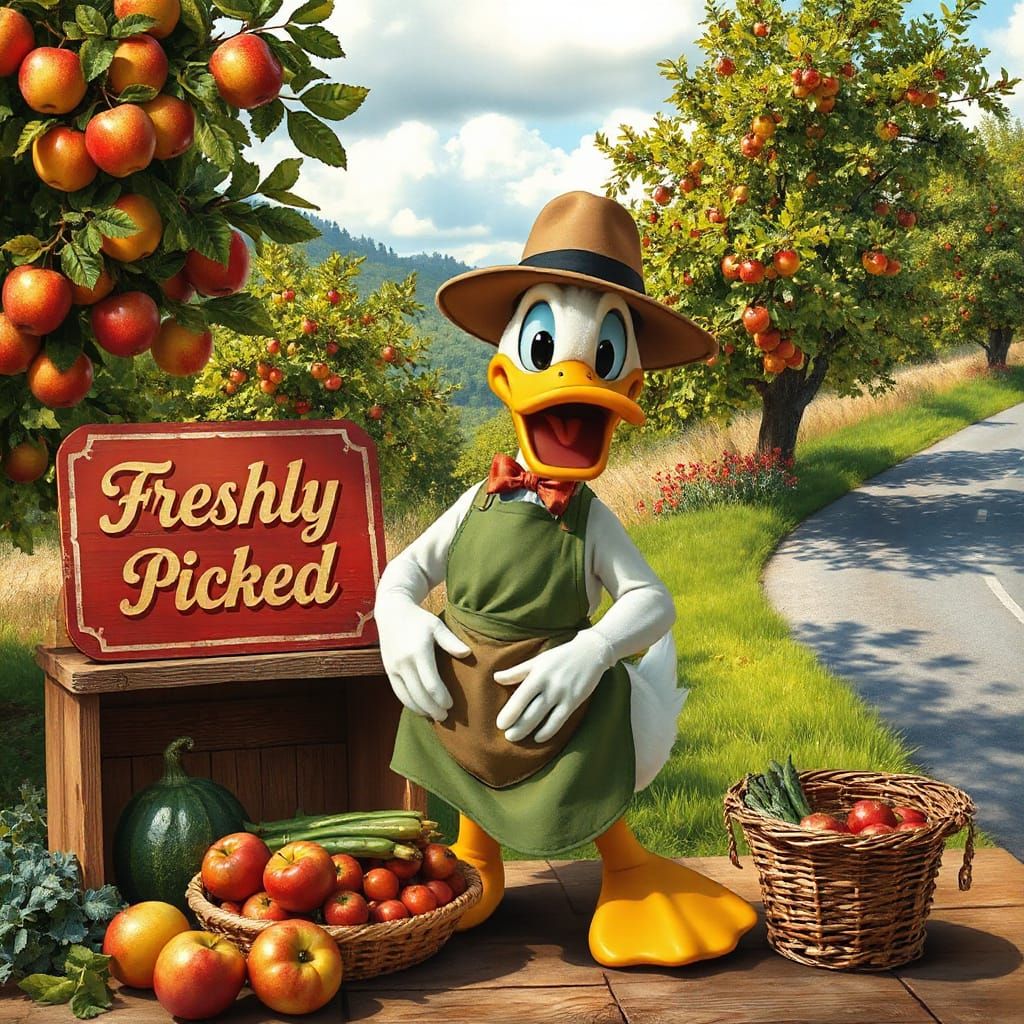 Donald Duck's Orchard Stall in Rockwell Style