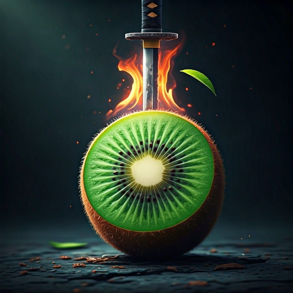 Kiwi Fruit and Burning Katana: Fantasy Art