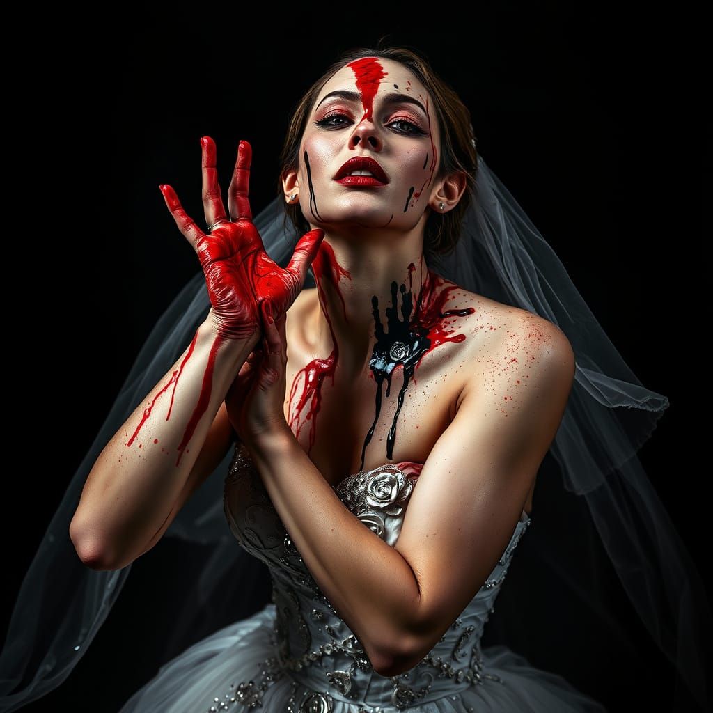 Haute Couture Bridal Model in Abstract Expressionist Splatte...
